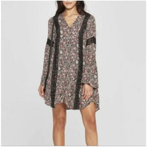 Knox Rose Floral Print Long Sleeve Mini Dress L Embroidered Bell Sleeve  Boho